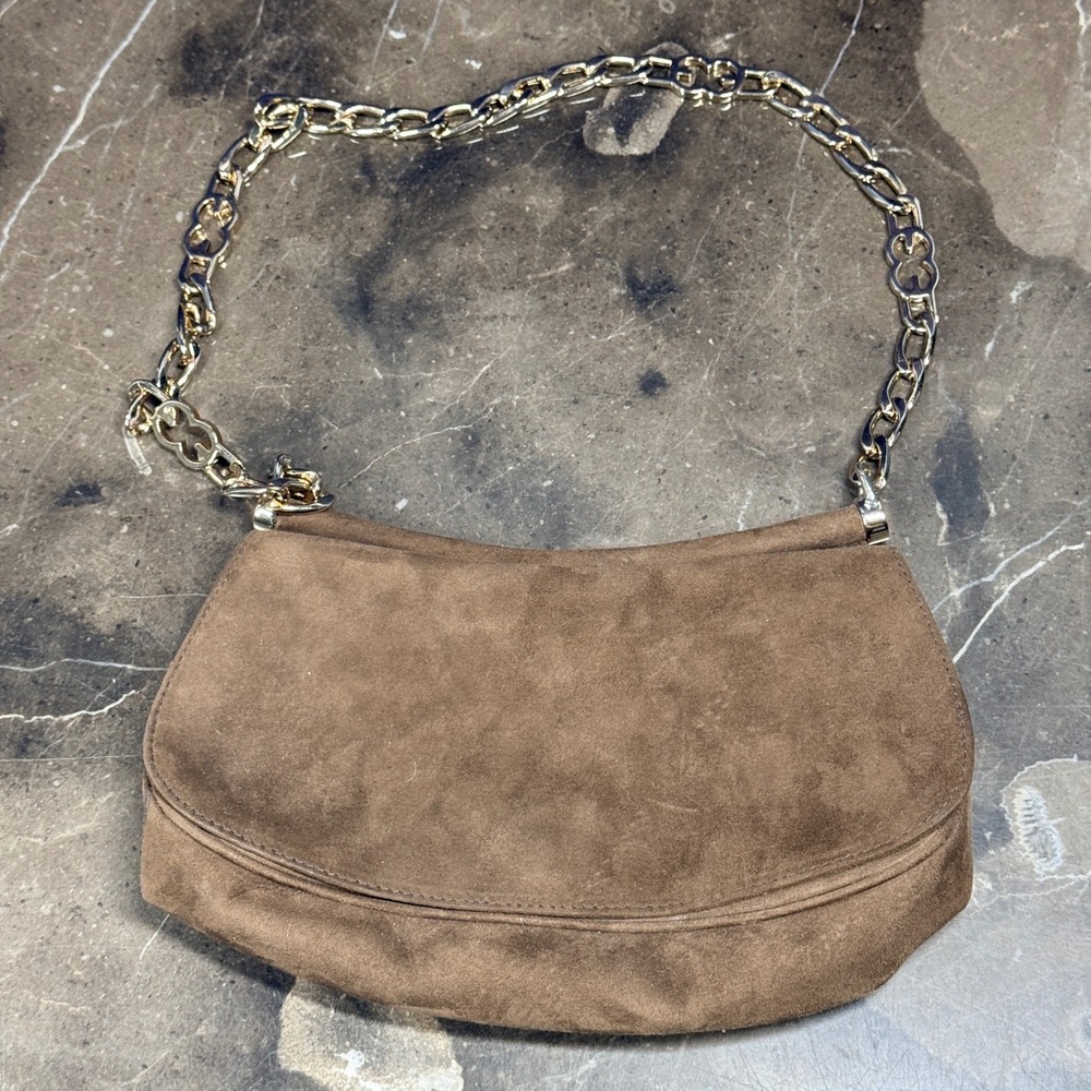 Escada Suede Shoulder Bag Womens Small Brown Gold Chain Strap Made in Italy